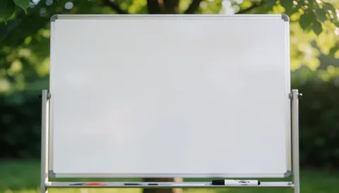 Whiteboard in garden with marker, ideal for sports strategies, natural background with trees and soft light.