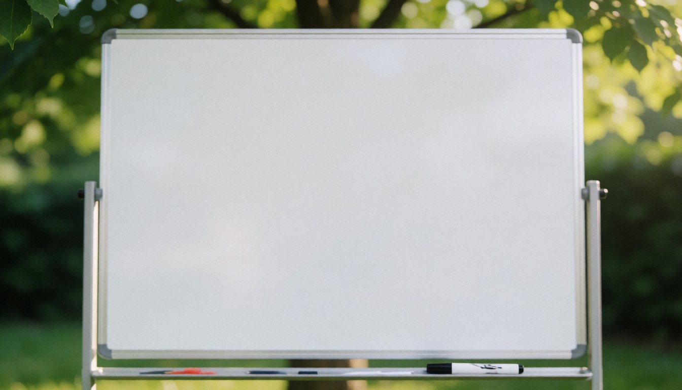 Whiteboard in garden with marker, ideal for sports strategies, natural background with trees and soft light.