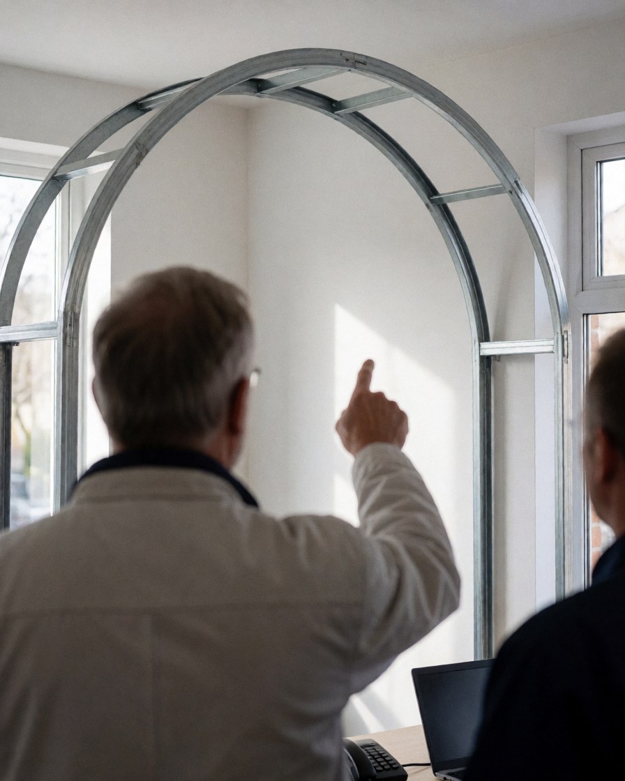 Client and professional reviewing an arched metal structure in a bright room with white walls and natural light, with a laptop on a table.