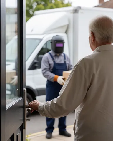 A customer opens the door to receive a package from a delivery driver wearing a welding helmet, with a delivery truck in the background.