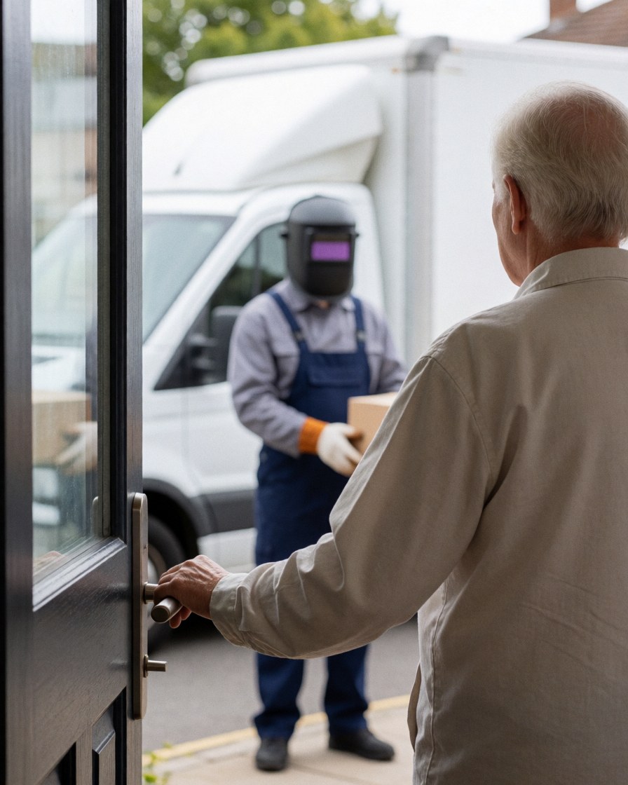 A customer opens the door to receive a package from a delivery driver wearing a welding helmet, with a delivery truck in the background.