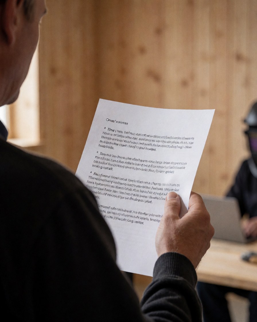 A student holds a script in a theater workshop with wooden walls, light highlighting the text.