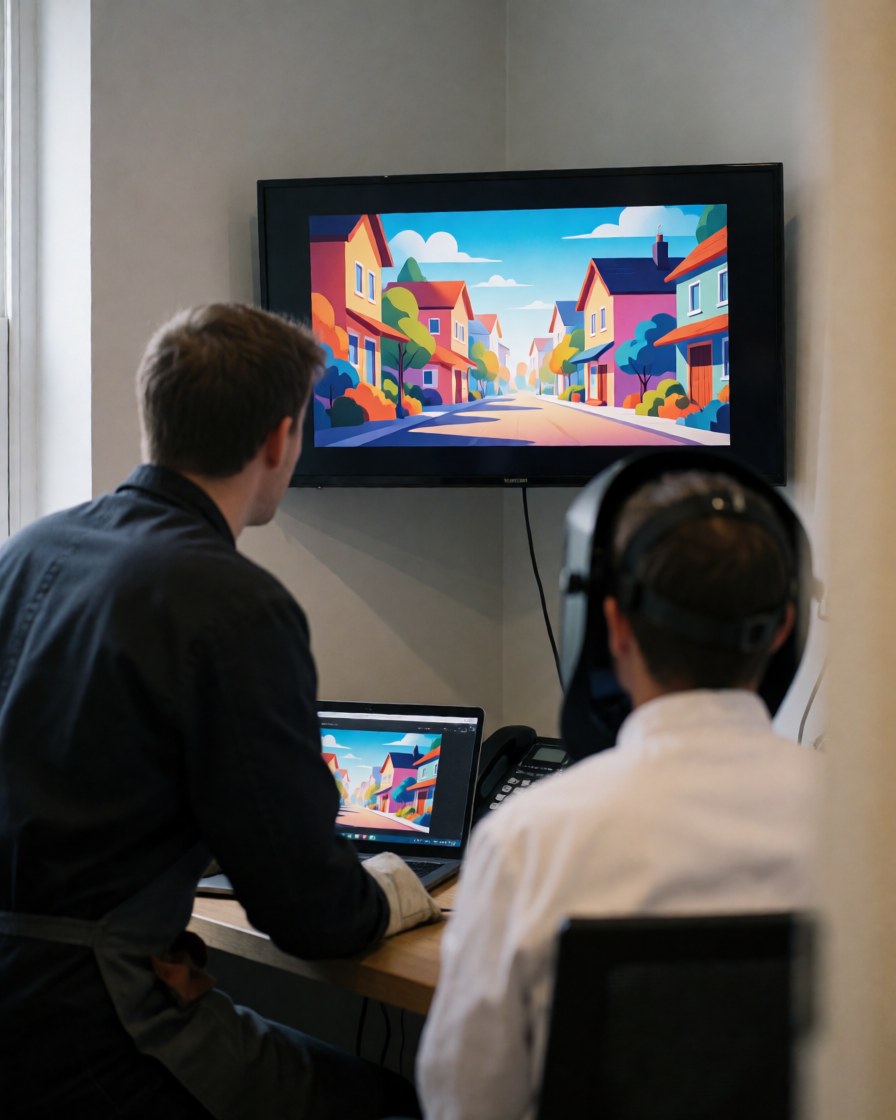 Two people viewing a colorful animation on a large screen in an office with light gray walls, ideal for videographers.