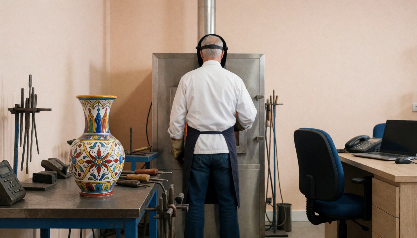Glass artist working at the furnace with a decorative vase on the table and tools nearby
