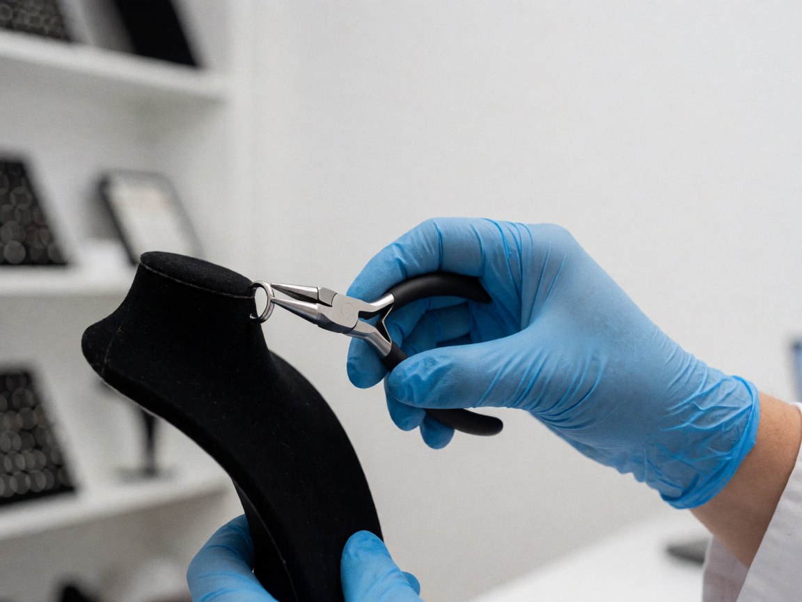 A gloved hand adjusts a metal capture ring on a black stand with accessory shelves in the background of a piercing studio