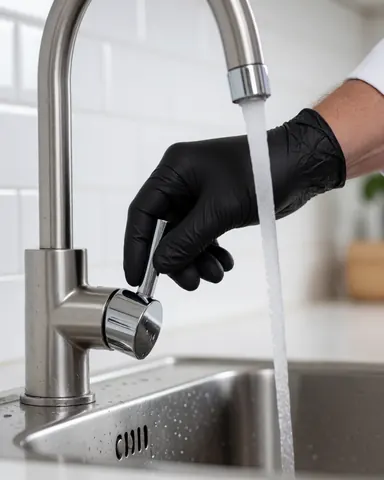 Close-up of a hand wearing a black glove turning a stainless steel kitchen faucet with water running in a modern kitchen.