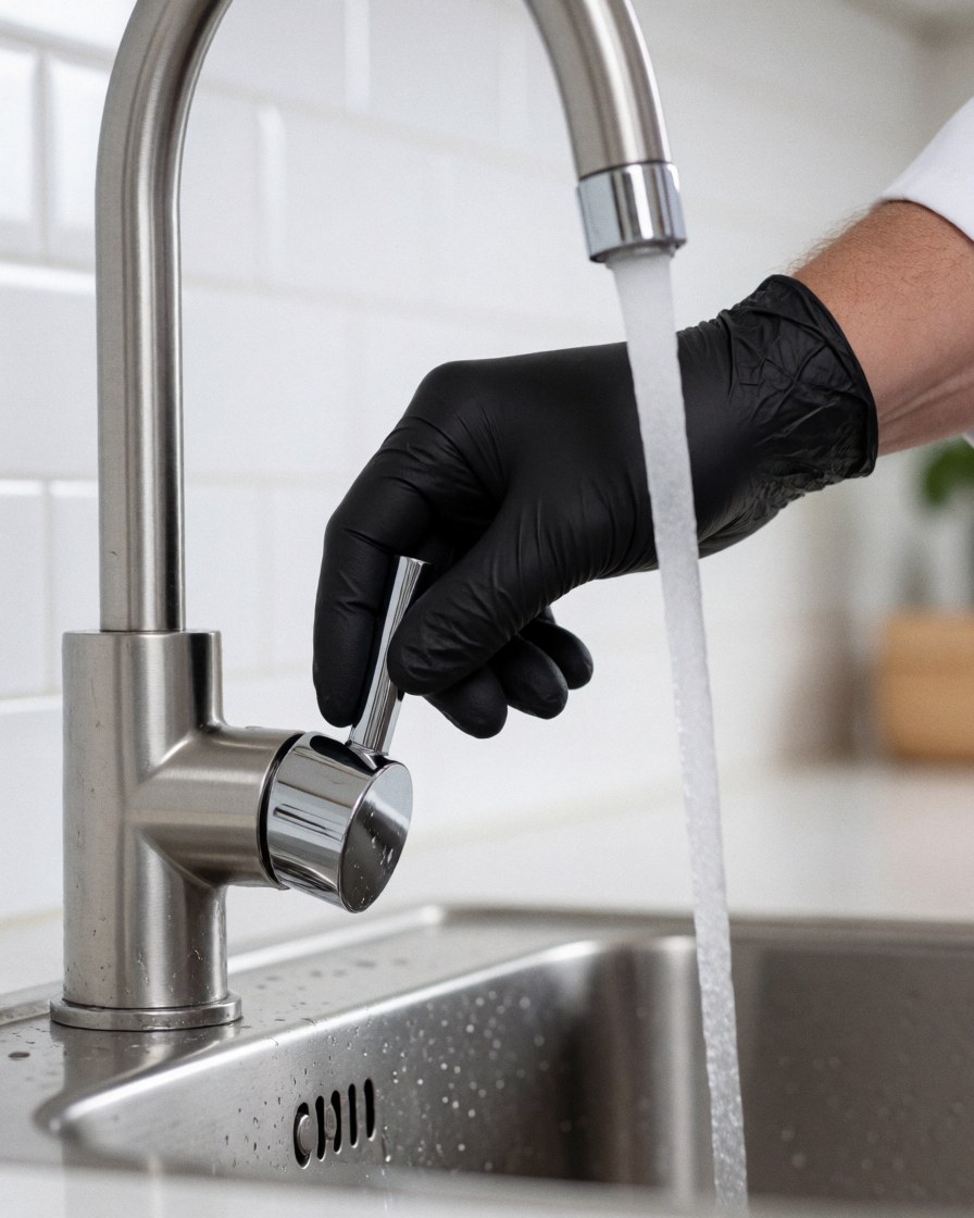 Close-up of a hand wearing a black glove turning a stainless steel kitchen faucet with water running in a modern kitchen.
