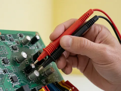 Close-up of a hand using multimeter probes to test a capacitor on a green circuit board with a pale yellow background