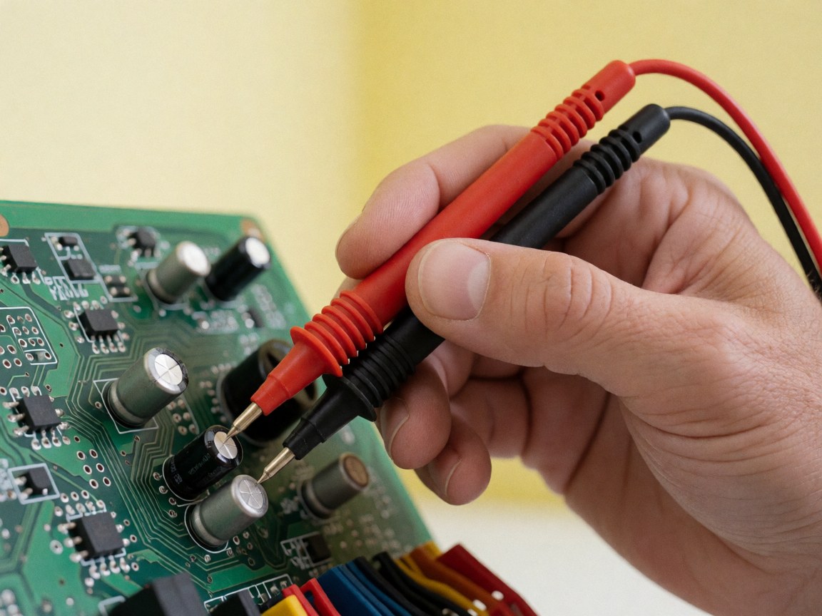Close-up of a hand using multimeter probes to test a capacitor on a green circuit board with a pale yellow background