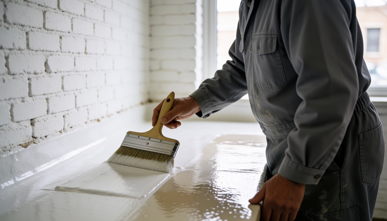 Worker applying waterproofing membrane with a brush on a white brick wall in natural light