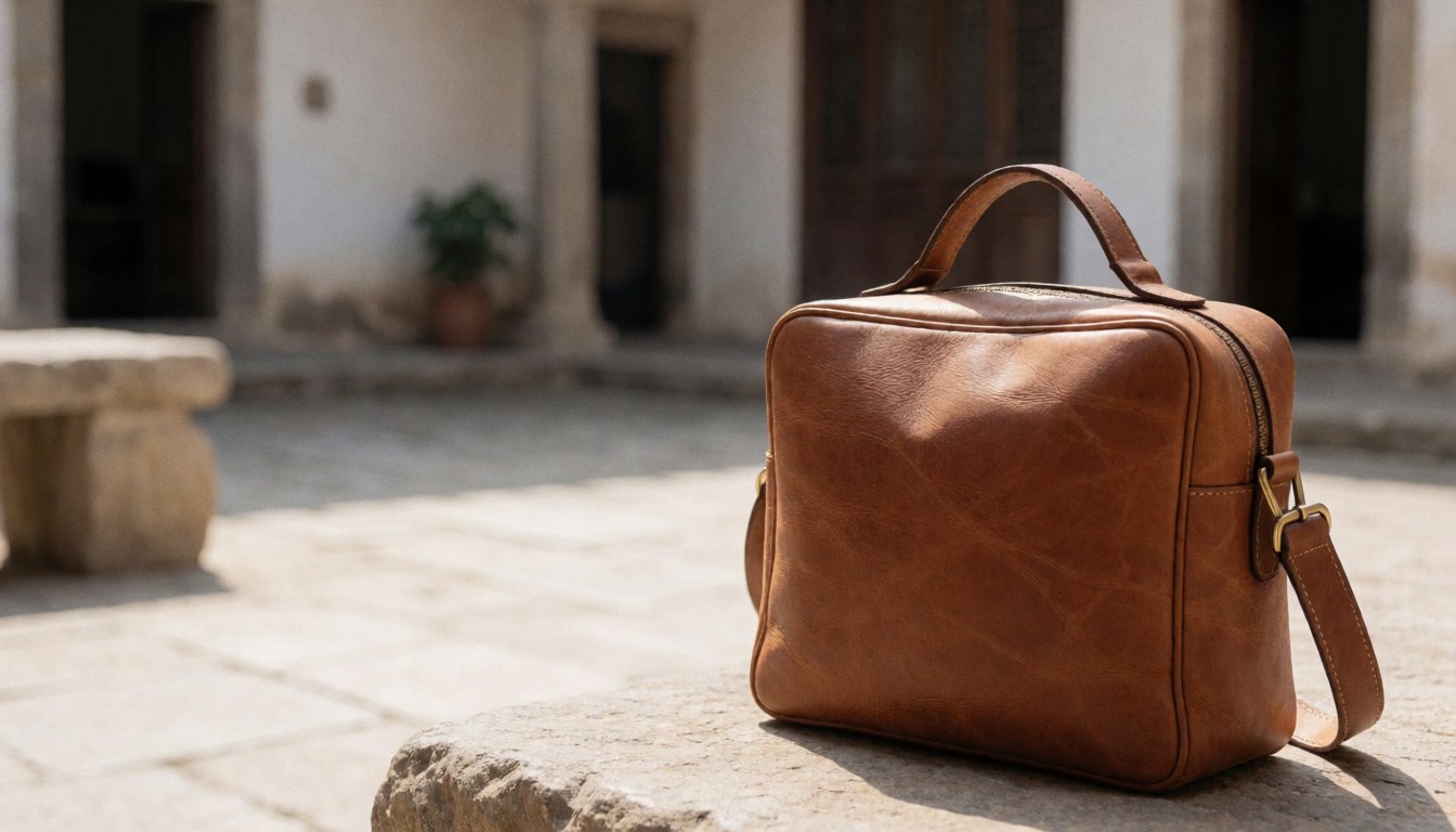 Brown leather handbag resting on a stone surface in an outdoor patio setting with soft sunlight and blurred background