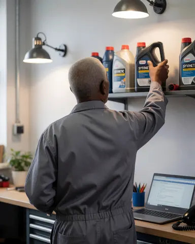 Mechanic in workshop taking synthetic oil bottle from shelf with practical lights and maintenance products