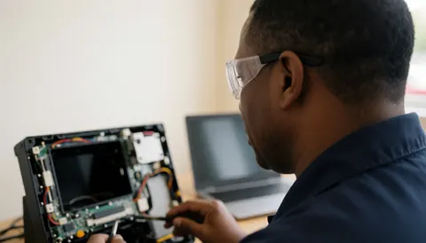 A technician wearing safety glasses works on a disassembled console in a professional white-walled workshop setting.