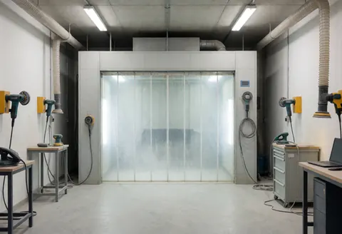 Welding workshop featuring a spray booth, grinding machines, extraction ducts, fluorescent lighting, and polished concrete floor.