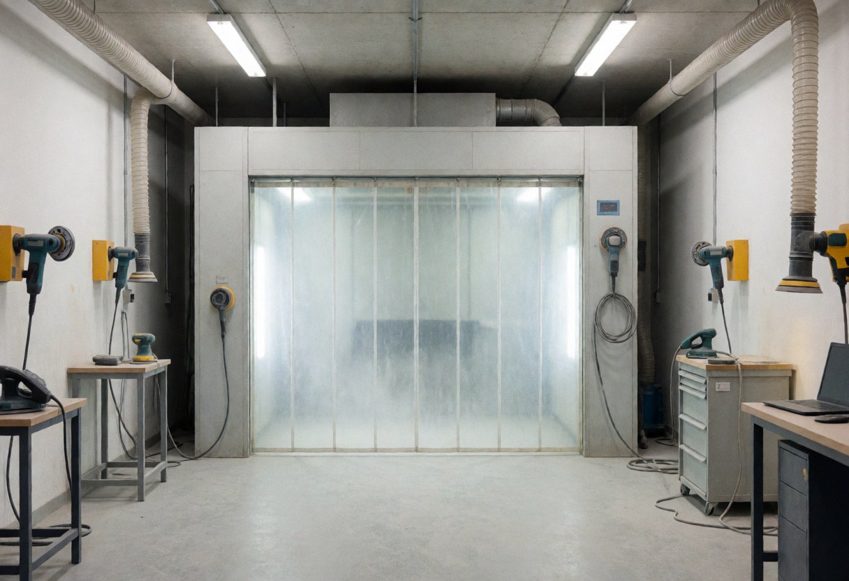 Welding workshop featuring a spray booth, grinding machines, extraction ducts, fluorescent lighting, and polished concrete floor.