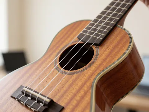 Detailed view of a ukulele body showcasing natural wood grain texture and taut strings against a blurred background.