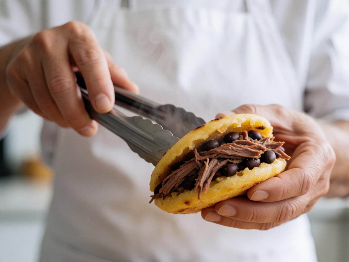 Hands in a white apron fill a hot arepa with meat and beans, rising steam, bright natural light in a kitchen