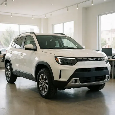 White SUV with alloy wheels and LED lights displayed in a polished concrete showroom with large windows