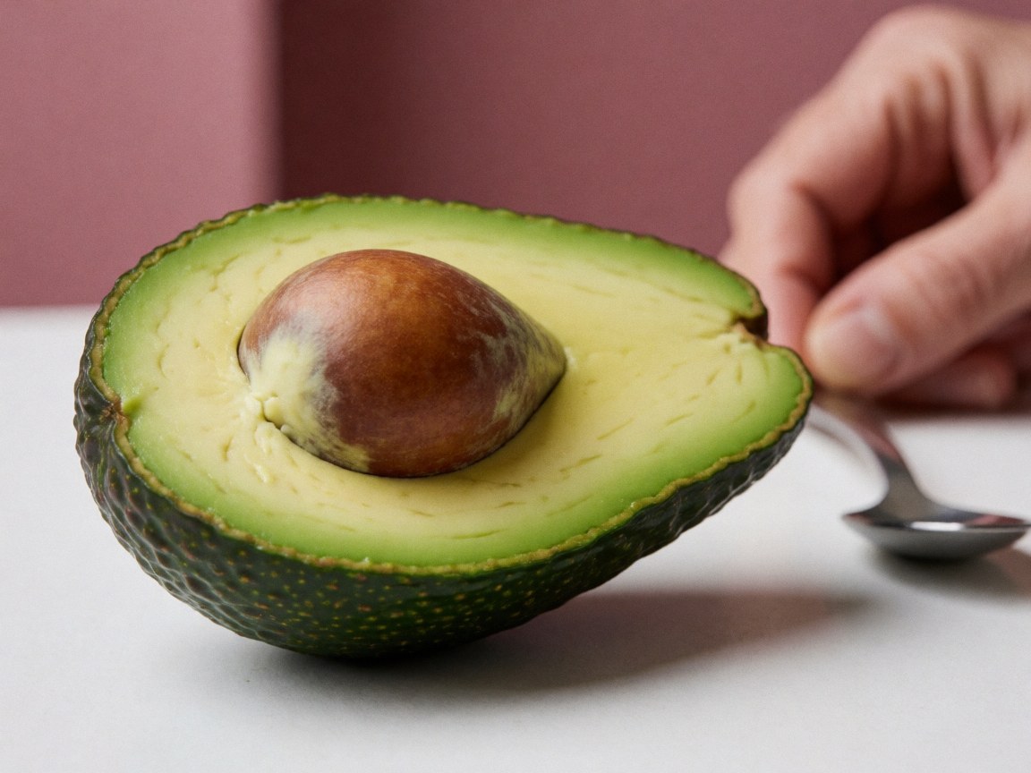 Close-up of a halved avocado with green pulp and brown pit on a white surface, with a metal spoon nearby and a pink wall in the background.