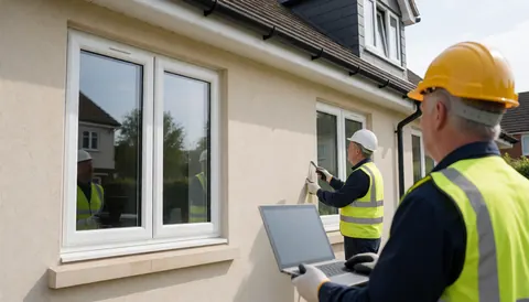 Two workers in safety gear install insulated windows on a beige house while one uses a laptop for measurements.