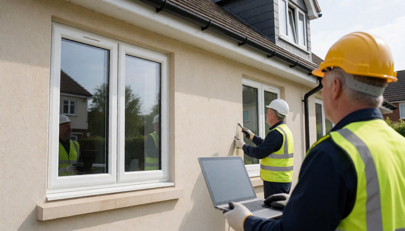 Two workers in safety gear install insulated windows on a beige house while one uses a laptop for measurements.
