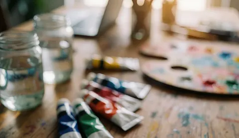 Artistic background featuring a paint palette, paint tubes, and water jars on a wooden table with warm, diffused lighting, ideal for text overlay.