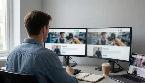 Back view of a student checking a digital portfolio on two computer screens in a modern office with natural light and coffee.