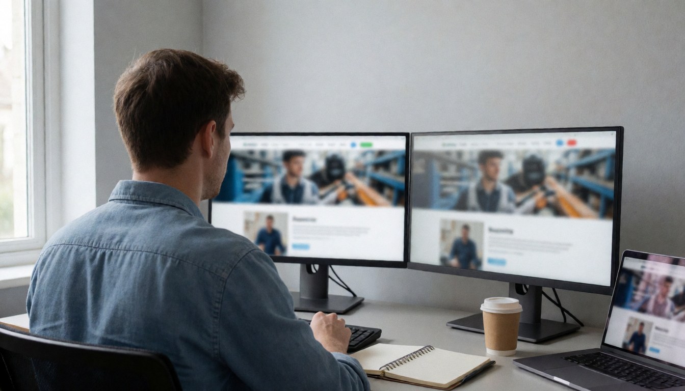Back view of a student checking a digital portfolio on two computer screens in a modern office with natural light and coffee.
