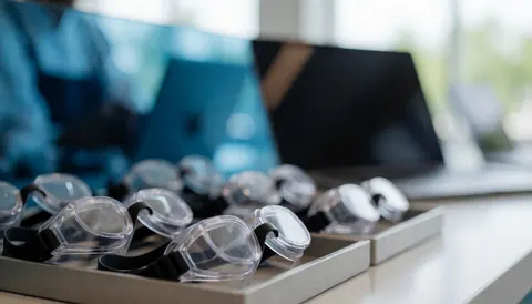 Transparent swimming goggles placed on trays on a counter with a blurred public pool background and natural light.
