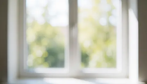 Blurred white window background with natural light and greenery, ideal for professional cleaning business text overlays