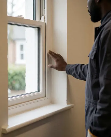Close-up of a hand touching a newly repaired and painted window frame in a bright room with beige walls and natural light.