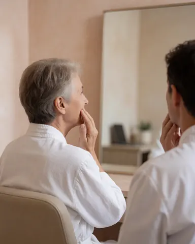 A satisfied customer inspects her smooth skin in a mirror after a chemical peel treatment at a clinic.