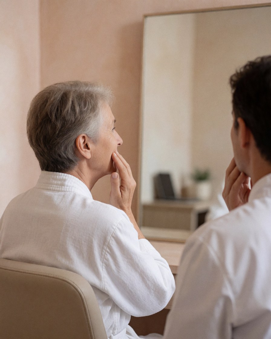 A satisfied customer inspects her smooth skin in a mirror after a chemical peel treatment at a clinic.