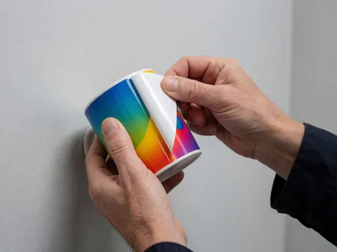 Hands peeling transfer paper off a ceramic mug with vibrant sublimated design against a light gray wall