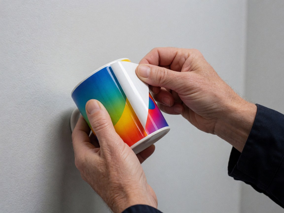 Hands peeling transfer paper off a ceramic mug with vibrant sublimated design against a light gray wall