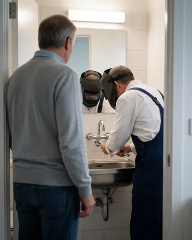 Plumber using a tool to fix a faucet under a sink while a client observes from the doorway in a white tiled bathroom.