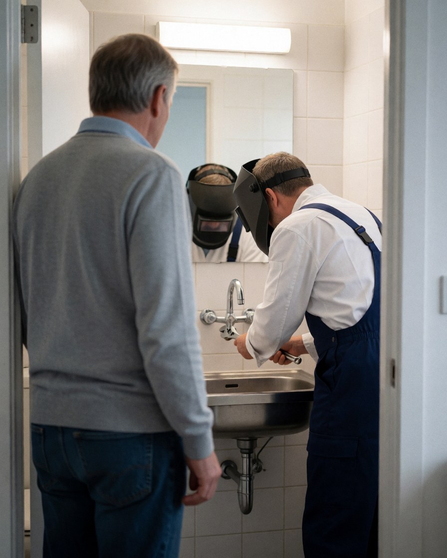 Plumber using a tool to fix a faucet under a sink while a client observes from the doorway in a white tiled bathroom.