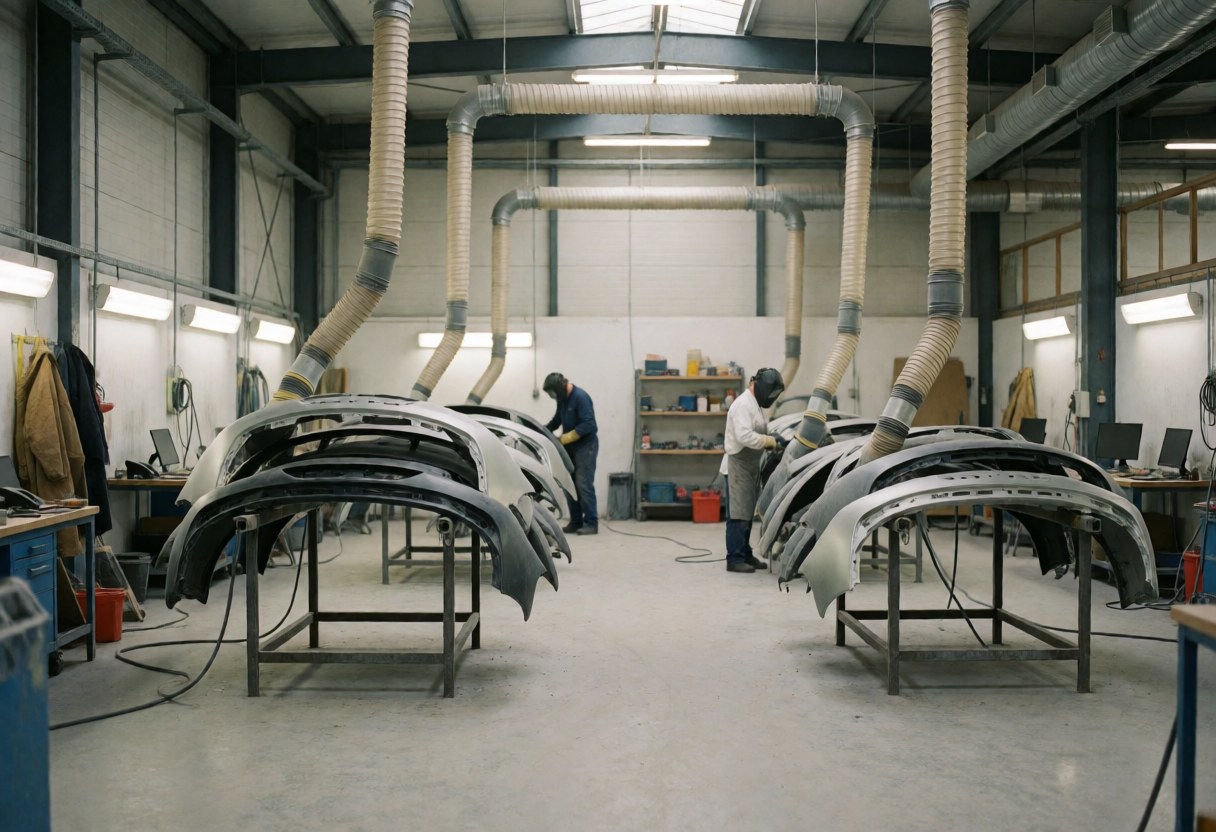 Workers wearing protective gear sanding car bumpers in an industrial factory with visible extraction ducts and tools.