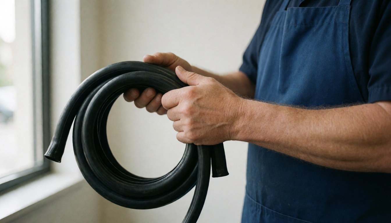 Bike repair technician holding a new black inner tube in a workshop with natural window light