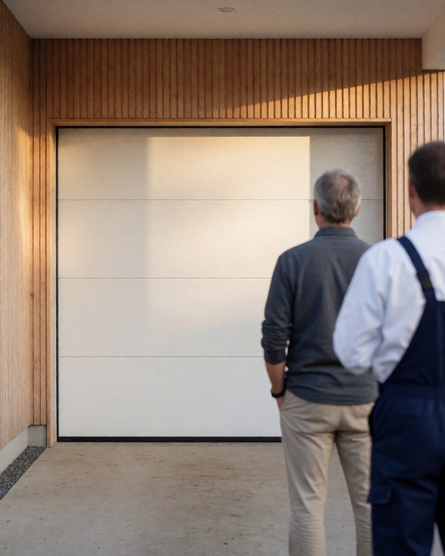 Adult customer viewing newly installed white sectional garage door with installer in background and sunset lighting