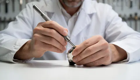 Close-up of watchmaker hands using a metal tool to repair a timepiece on a white work surface with tools in the background