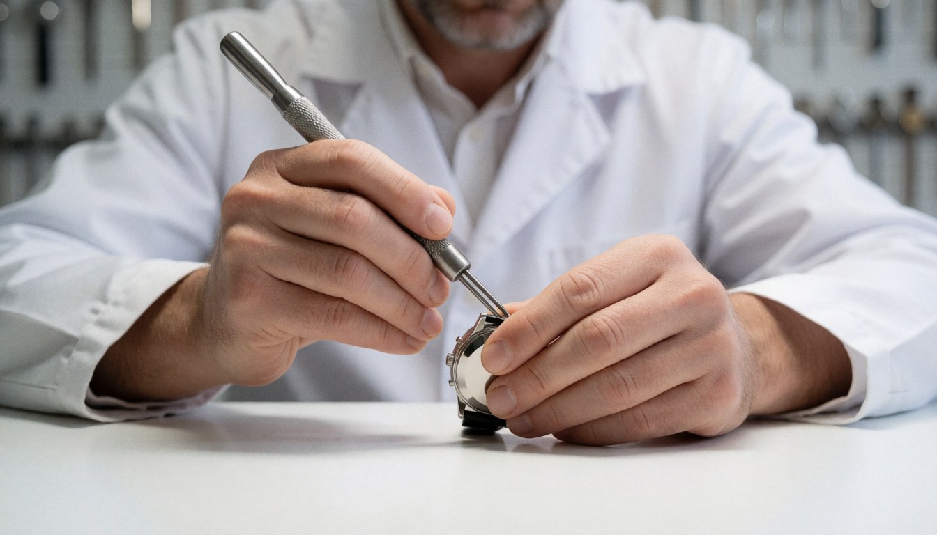 Close-up of watchmaker hands using a metal tool to repair a timepiece on a white work surface with tools in the background