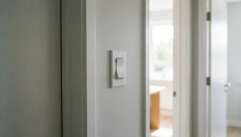 A white electrical light switch mounted on a gray wall in a modern hallway with natural light, suitable for residential electrician websites