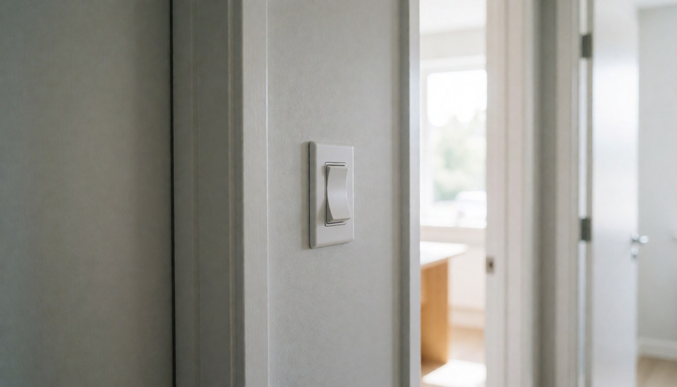 A white electrical light switch mounted on a gray wall in a modern hallway with natural light, suitable for residential electrician websites