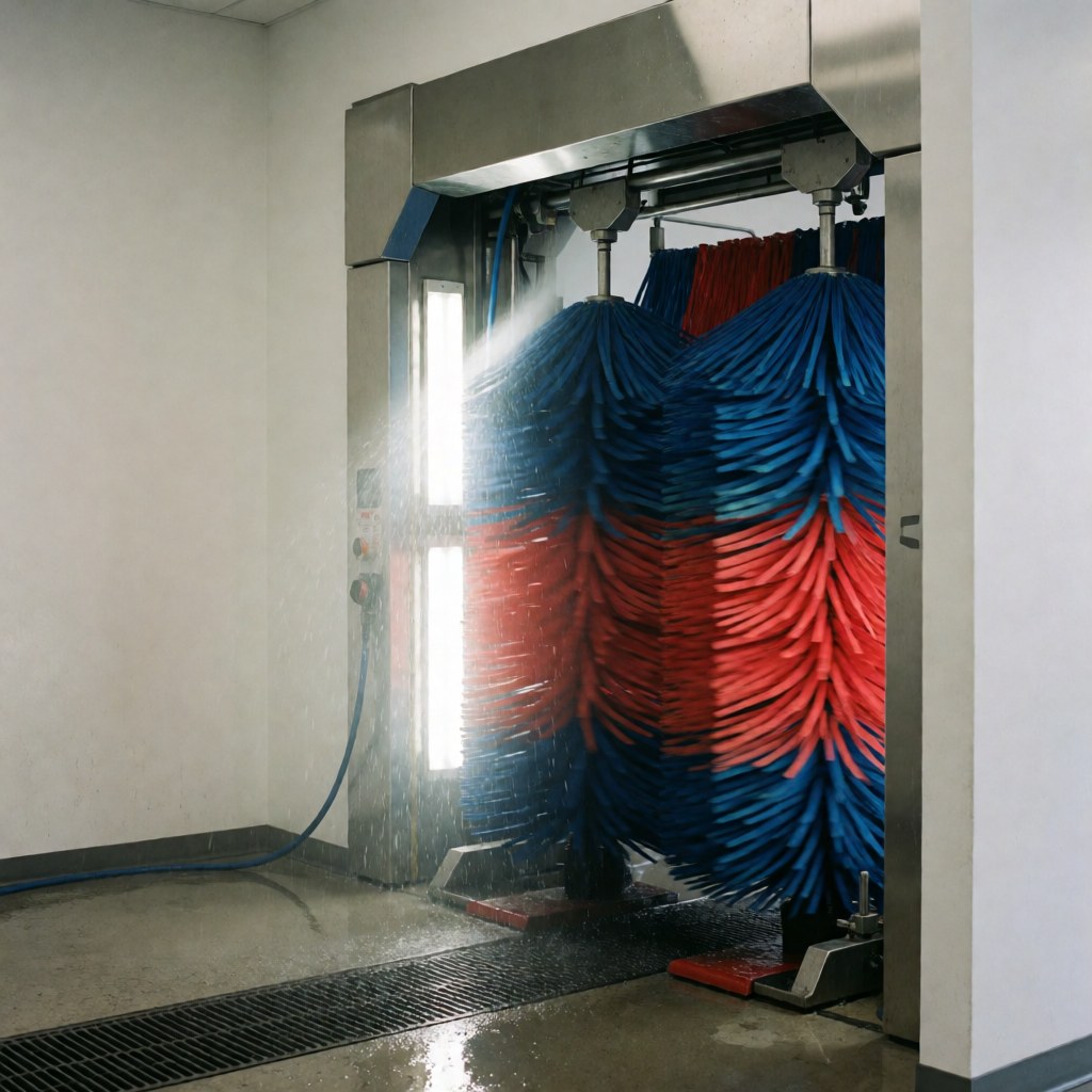 Automatic car wash tunnel featuring rotating red and blue brushes, splashing water, white walls, and a wet floor, suitable for car wash business use