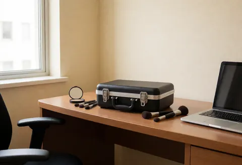 Professional makeup kit with brushes and compact mirror on a wooden table in a hotel room, ideal for travel beauty services.