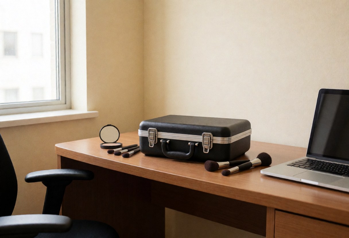 Professional makeup kit with brushes and compact mirror on a wooden table in a hotel room, ideal for travel beauty services.