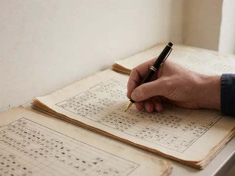 Close-up of a hand using a fountain pen to write chess notation on textured, yellowed paper with a chessboard visible in the background