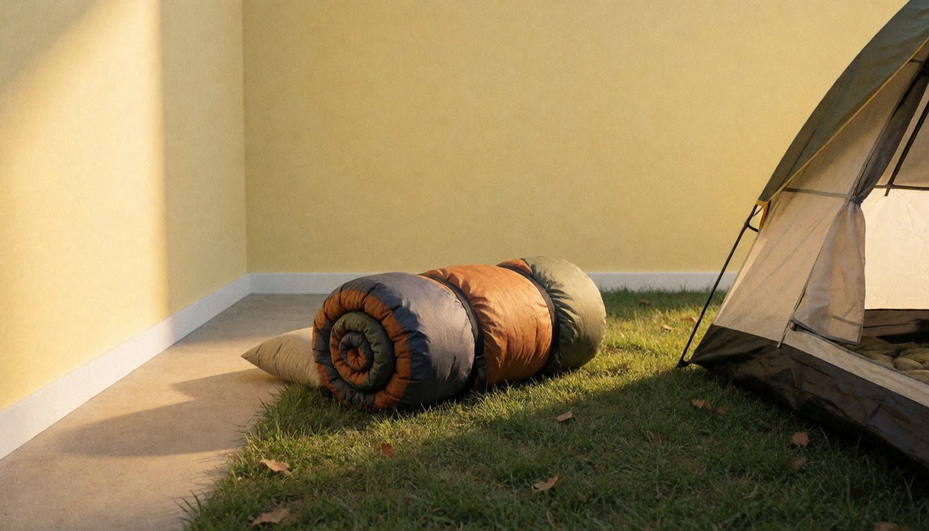 Rolled sleeping bag and mattress on grass next to a yellow tent with golden sunset light and long shadows