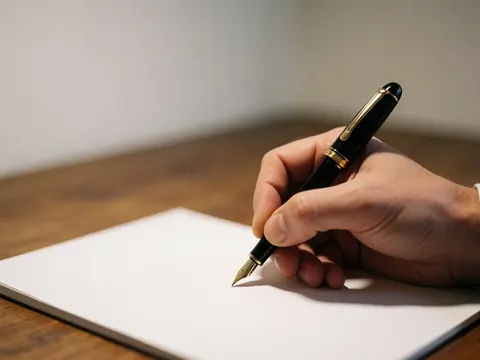 Close-up of a hand writing with a pen on a white notebook placed on a wooden table, highlighting details for business planning.